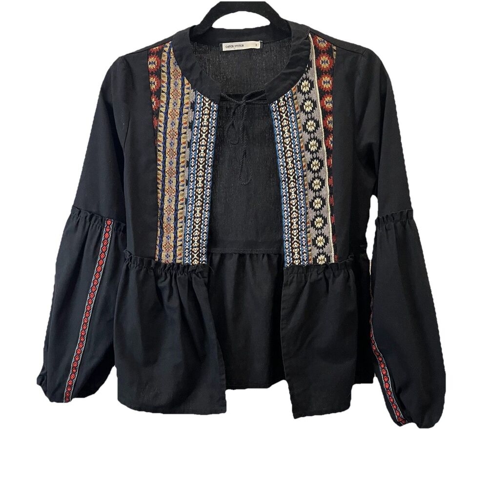 Catch Stitch Black Boho Embroidered Tassel Tie Neck Open Top Tapesty Size S